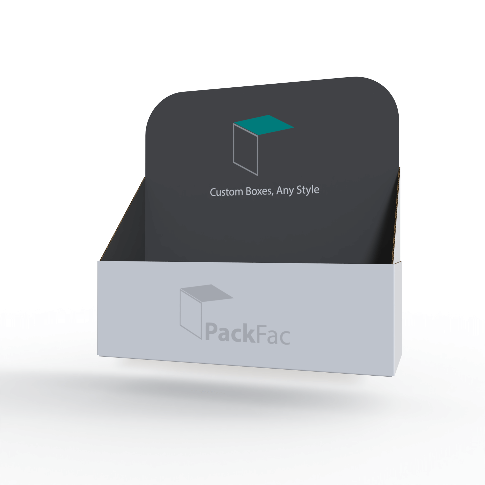 Corrugated display box shown at 45-degree front angle, highlighting sturdy construction and professional retail display design for custom packaging suppliers