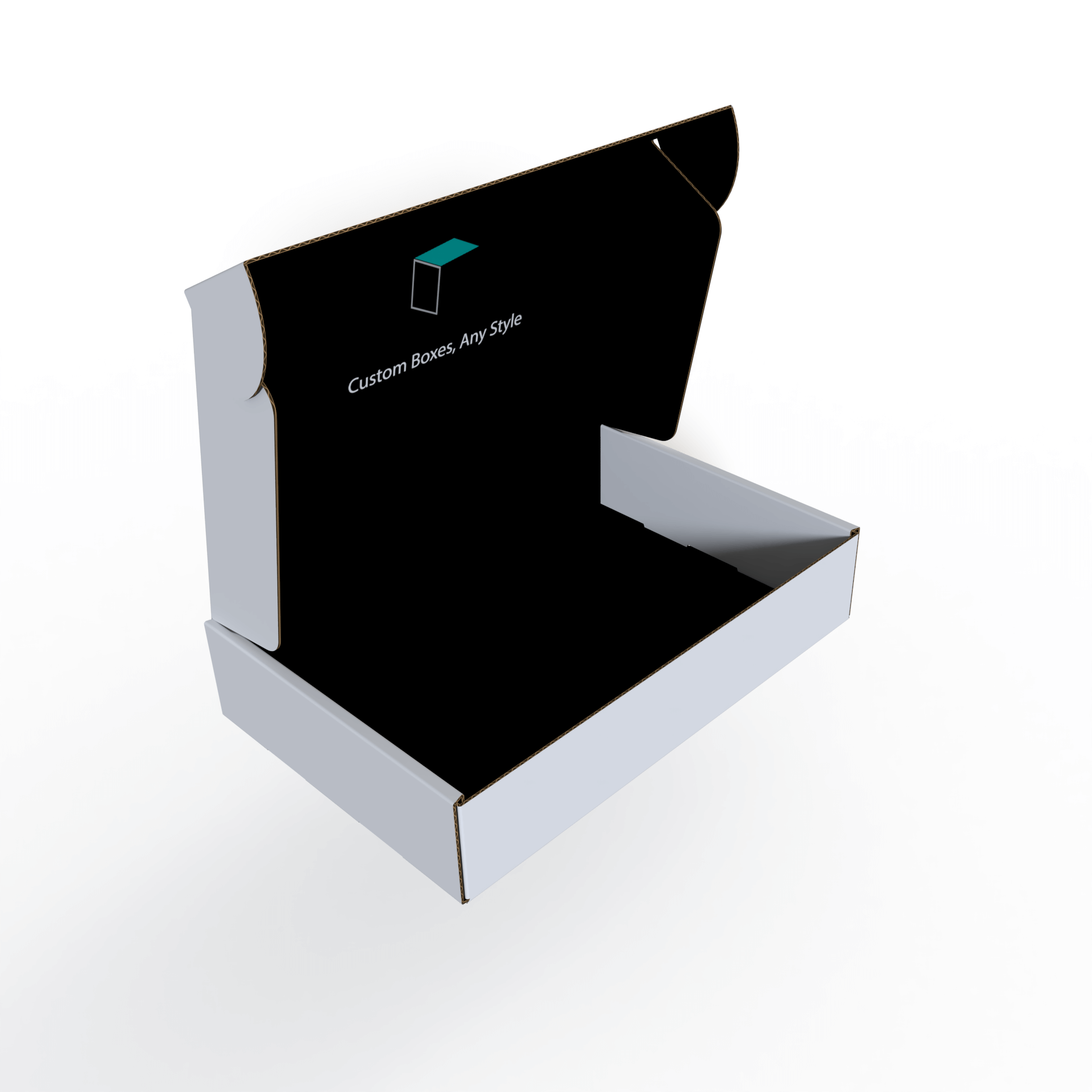 Custom corrugated mailer box with lid fully open, showing the interlocking flaps and self-closing structure for secure shipping packaging