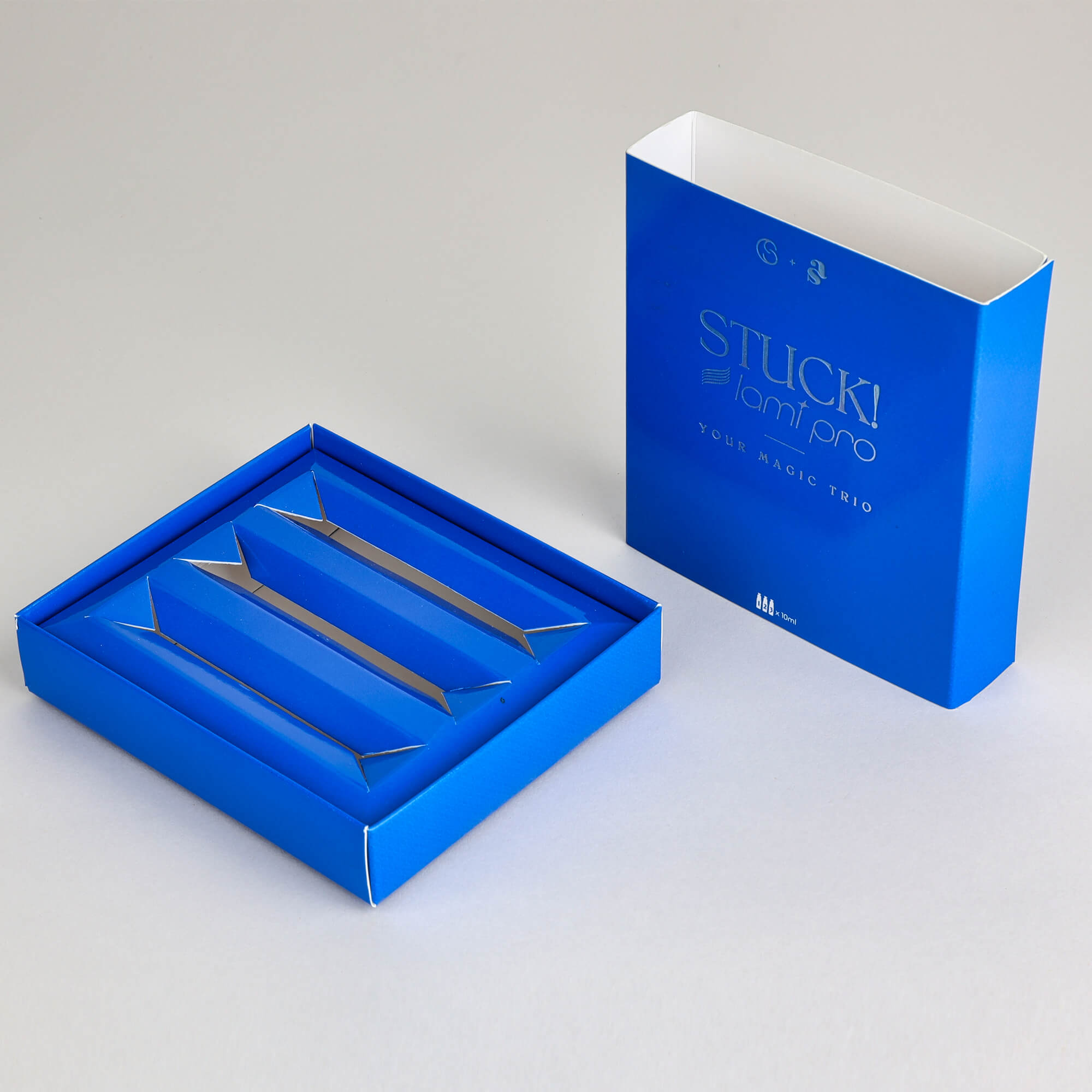 Blue folding cardboard box with custom insert