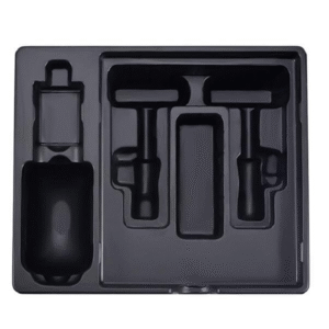 Black blister tray insert designed for secure product placement and protection inside custom packaging boxes, ideal for retail and industrial packaging suppliers
