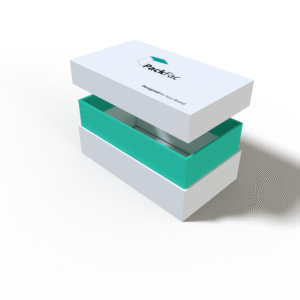 2-piece shoulder neck rigid box with lid opened to display shoulder neck structure and separate base, ideal for custom packaging manufacturers and wholesale orders