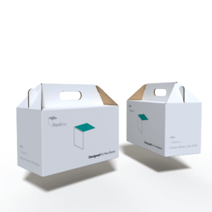 Two corrugated self-locking bottom boxes with hand hold design shown from different angles, highlighting durable structure for custom packaging manufacturers