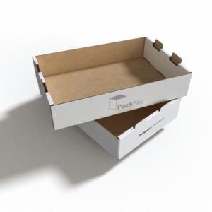Two corrugated tray boxes arranged in a crossed stacked layout highlighting sturdy construction and efficient storage design for bulk packaging orders