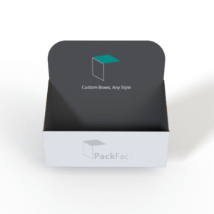 Corrugated display box shown at 45-degree front angle, highlighting sturdy construction and professional retail display design for custom packaging suppliers