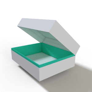 Rigid box with hinged lid in half-open position, displaying sturdy construction and elegant interior for custom packaging manufacturers
