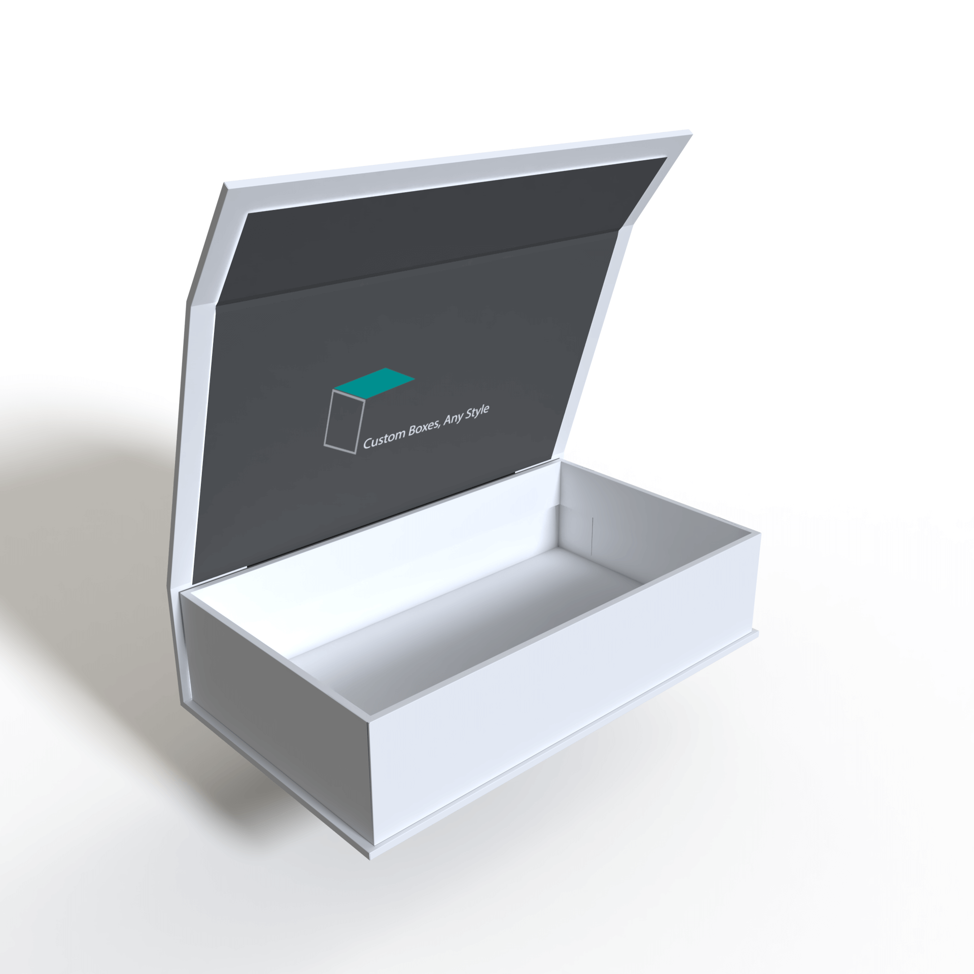 Magnetic rigid box with lid opened, showcasing secure magnetic closure and premium paperboard construction for luxury and retail packaging suppliers