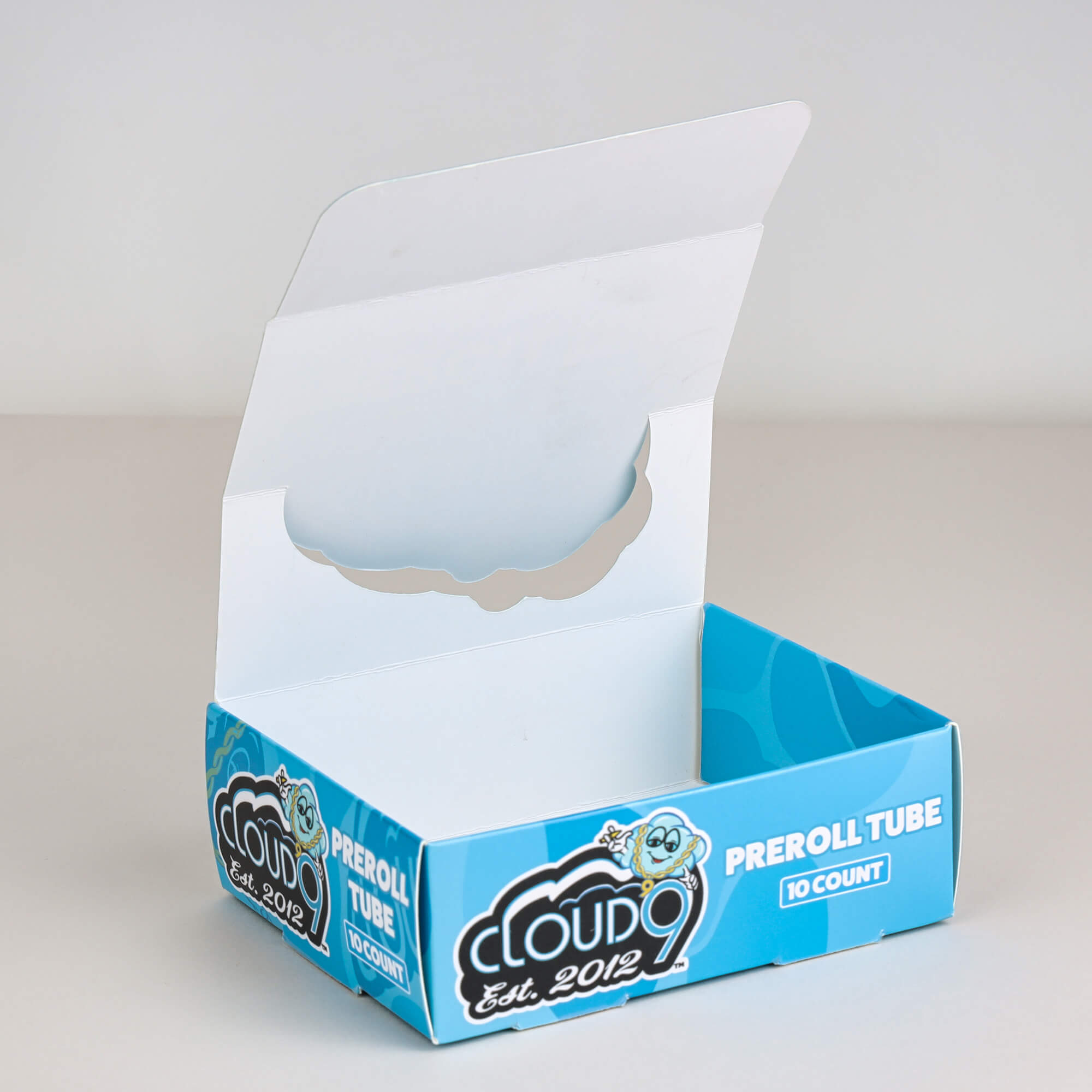 Blue folding cardboard display box designed for preroll tube packaging