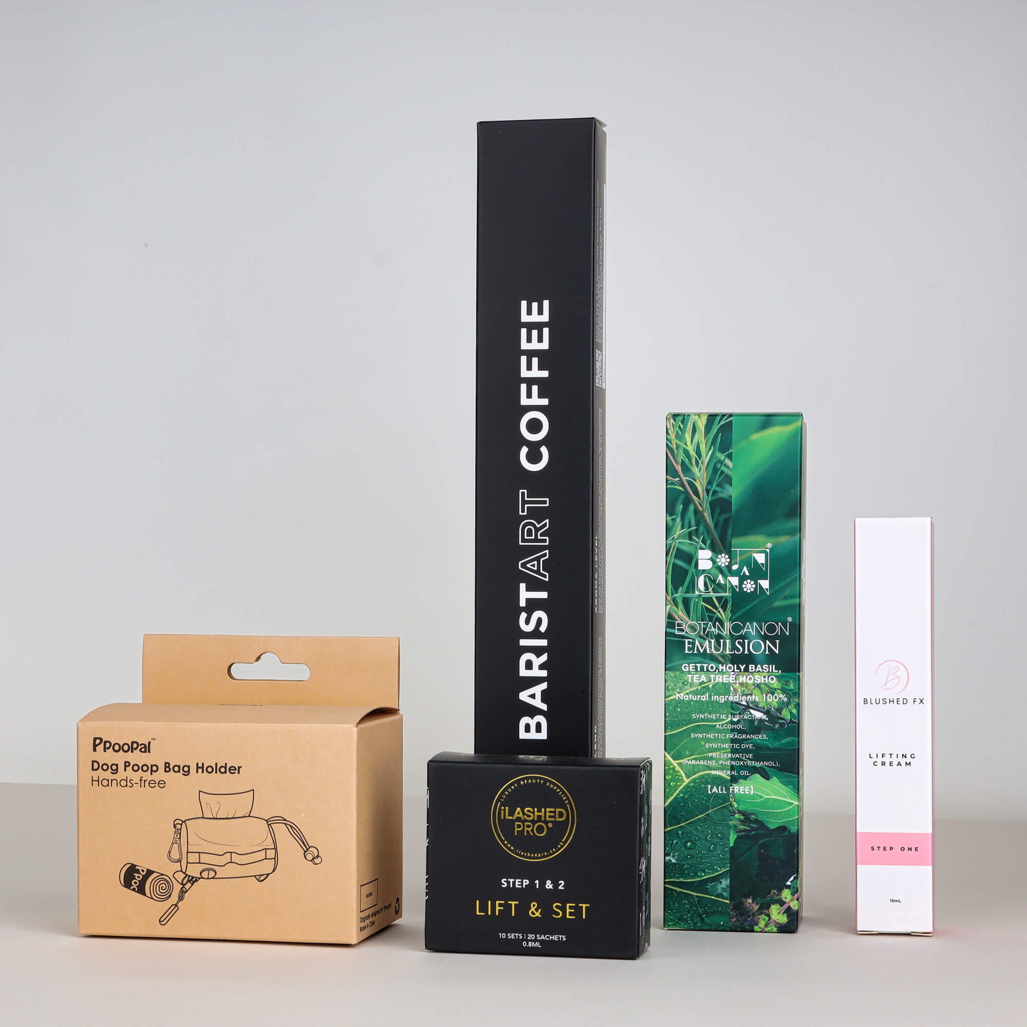 Set of five premium custom folding cardboard boxes for luxury packaging