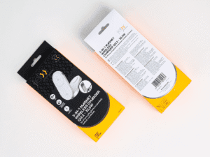 Front and back view of felixx premium hanger box packaging with CMYK printed product details, barcode, and euro hole for retail shelf display