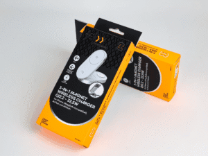 Two felixx premium 3-in-1 wireless charger hanger boxes stacked at an angle showing front panel design and yellow Super Fast Charge strip