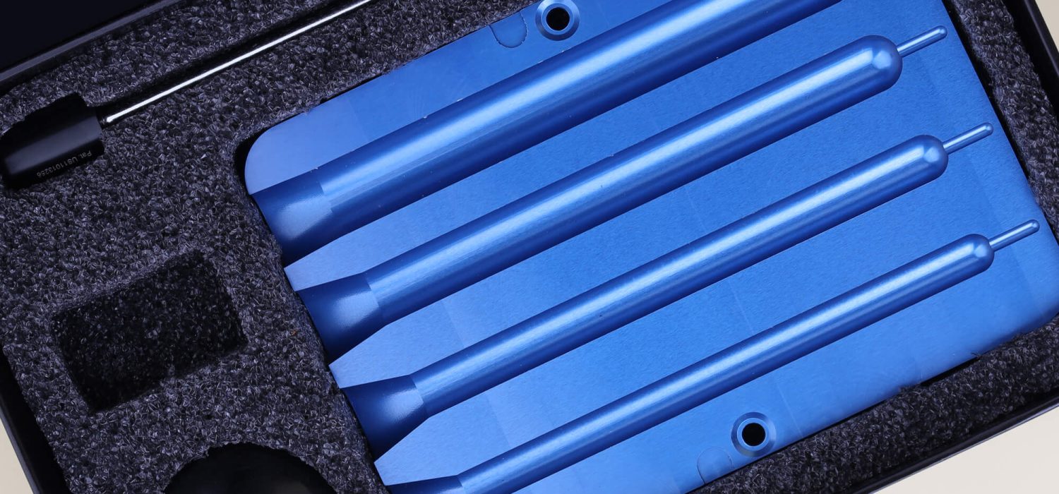 Blue product placed in black EPE foam insert packaging