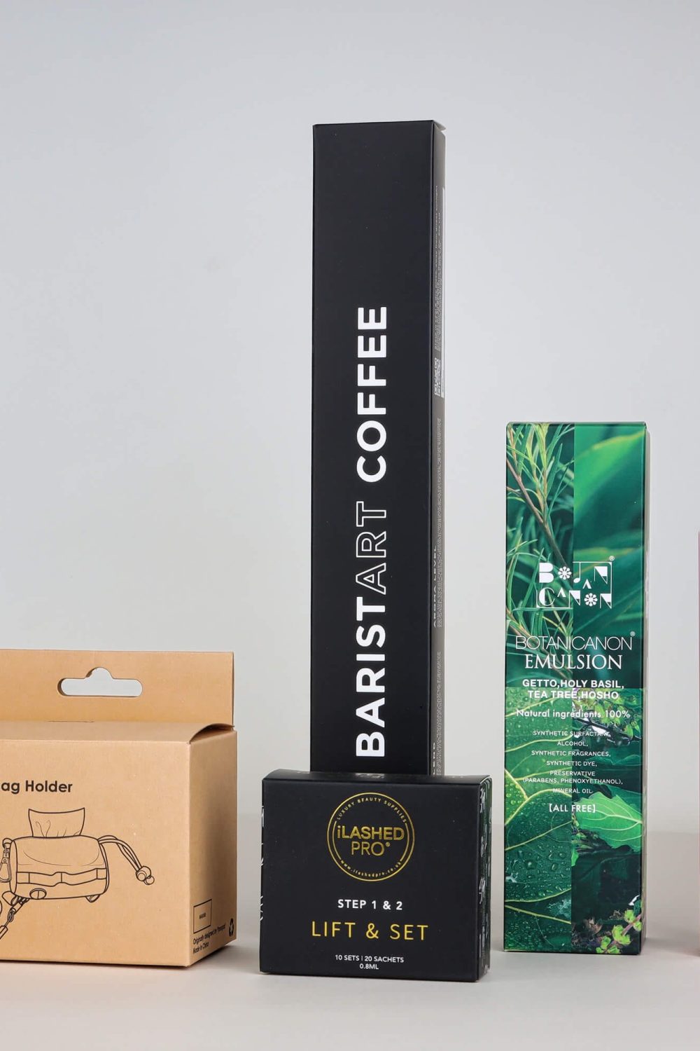 Set of five premium custom folding cardboard boxes for luxury packaging